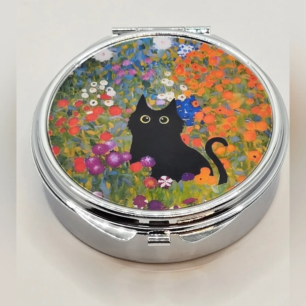 Colorful Floral Black Cat 3 Compartment Travel Pill Organizer Compact